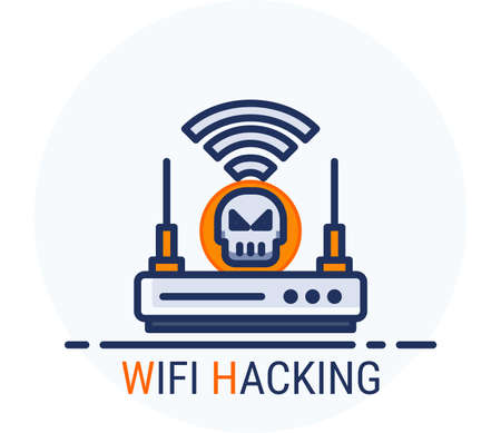 Filled Line Icons Style. Hacker Cyber crime attack Wifi Hacking for web design, ui, ux, mobile web, ads, magazine, book, poster. Vector Pixel Perfectのイラスト素材