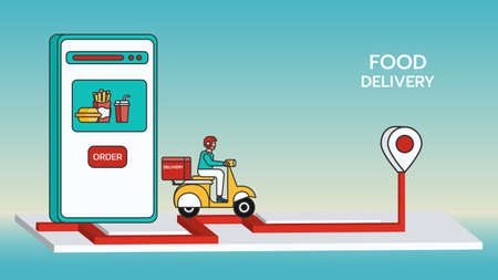 Delivery sevice by scooter. Food delivery on mobile application. Flat line design. Vector Illustrationのイラスト素材