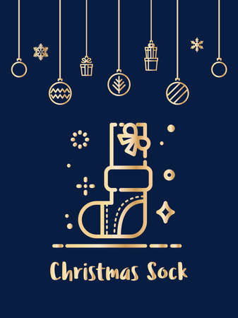 Christmas gift box in sock icon with christmas ornament elements hanging background.のイラスト素材