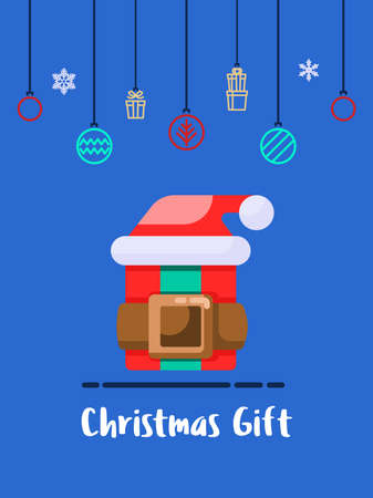 Christmas gift box with santa hat icon with christmas ornament elements hanging background.のイラスト素材