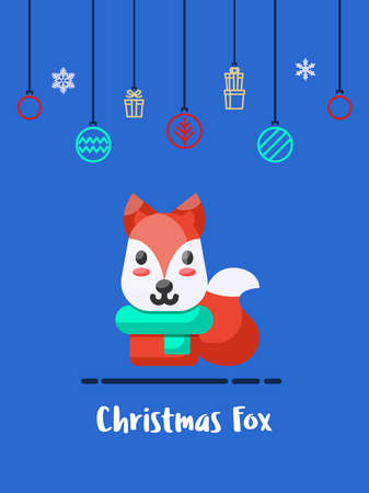 Christmas fox icon with christmas ornament elements hanging background.のイラスト素材