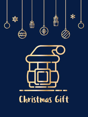Christmas gift box with santa hat icon with christmas ornament elements hanging background.のイラスト素材