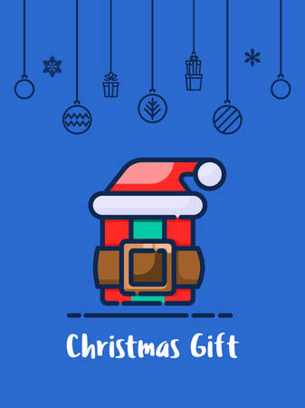 Christmas gift box with santa hat icon with christmas ornament elements hanging background.のイラスト素材