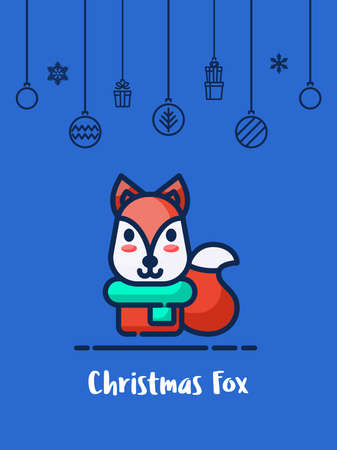 Christmas fox icon with christmas ornament elements hanging background.のイラスト素材