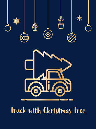 Car and Christmas tree icon with christmas ornament elements hanging background.のイラスト素材