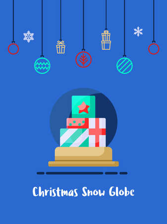 Christmas gift box in snow globe icon with christmas ornament elements hanging background.のイラスト素材
