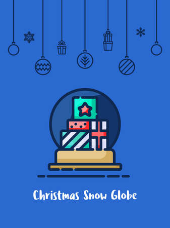 Christmas gift box in snow globe icon with christmas ornament elements hanging background.のイラスト素材