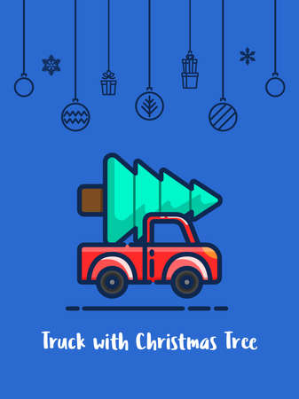 Car and Christmas tree icon with christmas ornament elements hanging background.のイラスト素材