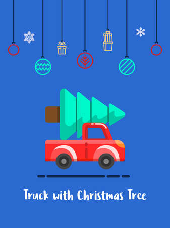 Car and Christmas tree icon with christmas ornament elements hanging background.のイラスト素材