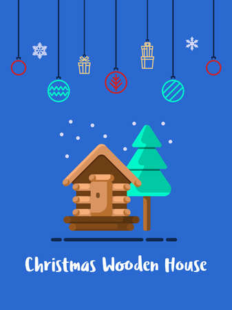 Wooden house in the winter season icon with christmas ornament elements hanging background.のイラスト素材