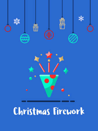 Christmas firework celebration icon with christmas ornament elements hanging background.のイラスト素材
