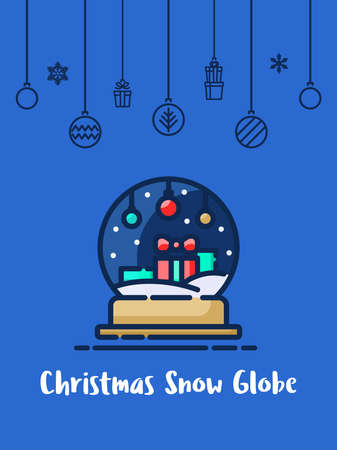 Christmas gift box in snow globe icon with christmas ornament elements hanging background.のイラスト素材