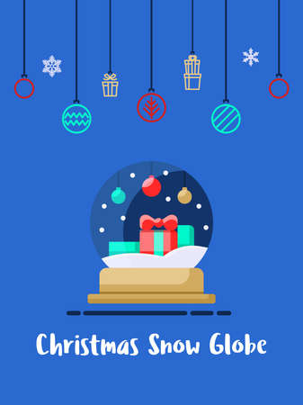 Christmas gift box in snow globe icon with christmas ornament elements hanging background.のイラスト素材