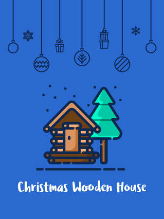 Wooden house in the winter season icon with christmas ornament elements hanging background.のイラスト素材