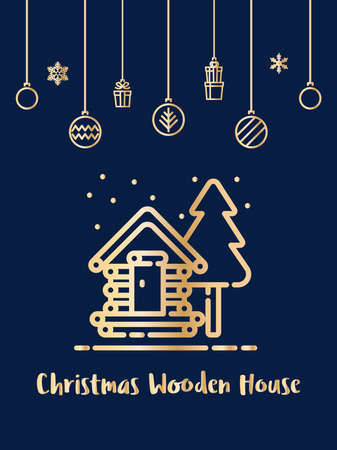 Wooden house in the winter season icon with christmas ornament elements hanging background.のイラスト素材