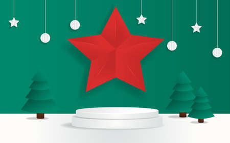 Mockup studio podium with christmas decoration for christmas product presentation. Vector Illustration.のイラスト素材