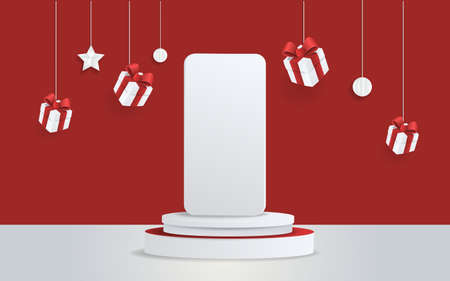 Mockup studio and Phone on podium with christmas decoration for christmas product presentation. Vector Illustration.のイラスト素材