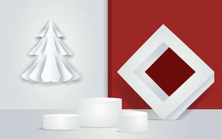 Mockup studio podium with christmas decoration for christmas product presentation. Vector Illustration.のイラスト素材