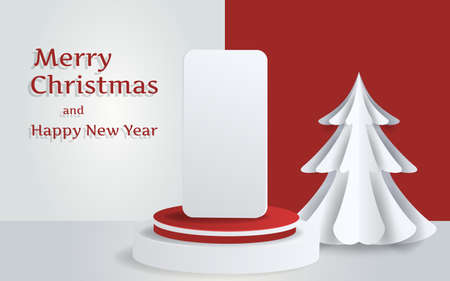 Mockup studio and Phone on podium with christmas decoration for christmas product presentation. Vector Illustration.のイラスト素材