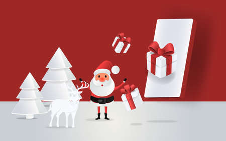 Mockup studio and gift on Phone with christmas decoration for christmas product presentation. Vector Illustration.のイラスト素材