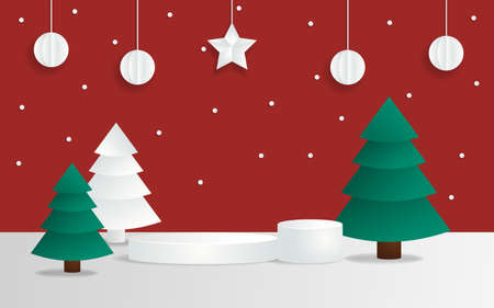 Mockup studio podium with christmas decoration for christmas product presentation. Vector Illustration.のイラスト素材