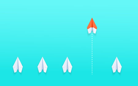Outstanding the orange paper plane unique and standing out of the crowd. Business advantage opportunities and success concept. Vector Illustrationのイラスト素材