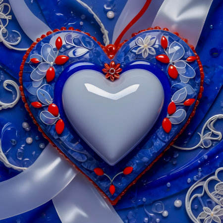 Blue heart with white ribbon on blue background. 3D illustration.の写真素材