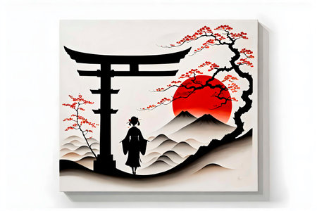 minimalism painting, Japanese motifs, japan, watercolor in Japanese style, interior painting.の写真素材