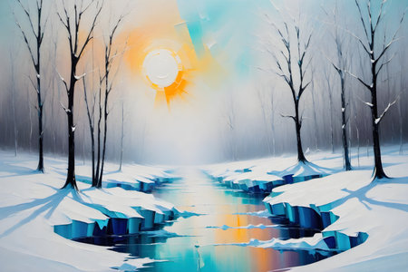 Winter landscape with river and trees in fog. 3D illustration.の写真素材