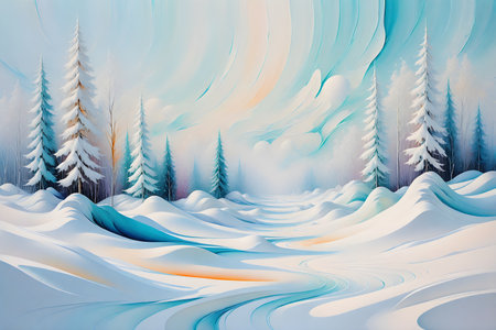 Winter landscape with snowdrifts and fir trees. 3d illustrationの写真素材
