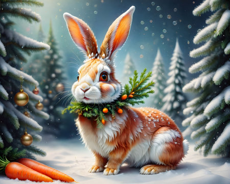 Easter bunny with carrot and christmas tree in winter forest.の写真素材