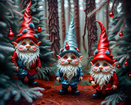 Christmas gnomes in the forest. Christmas card. 3d rendering. surreal_beautifulの写真素材