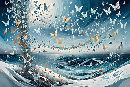 Abstract background with butterflies flying over the sea. 3d illustration.の写真素材
