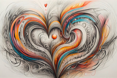 abstract color painting on canvas, close up of hand-drawn heartの写真素材