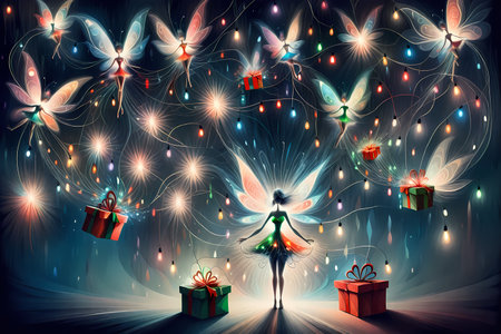 Fairy with gift boxes and bokeh lights. Vector illustration.の写真素材