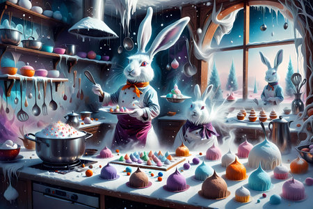 Easter bunny in the kitchen with cakes and cupcakes. Illustrationの写真素材