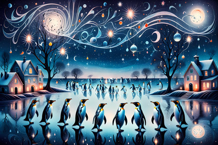 Winter landscape with penguins and houses at night. Vector illustration.の写真素材