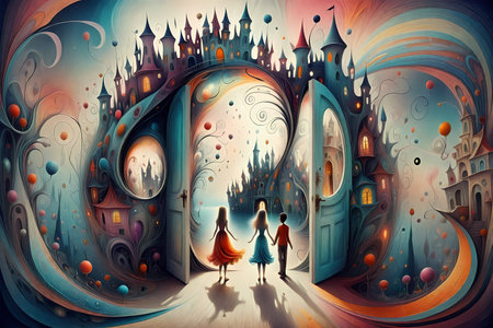 Couple in front of a fantasy castle. Digital painting illustration.の写真素材