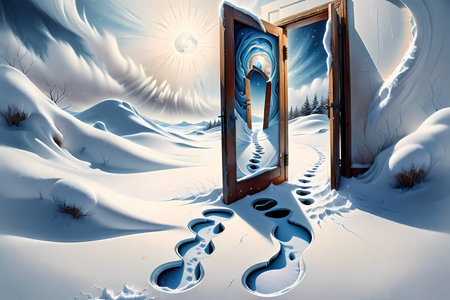 Open door in winter landscape with snow and sun. 3D renderingの写真素材