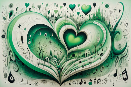 abstract green background with heart and trees, illustration of love.
