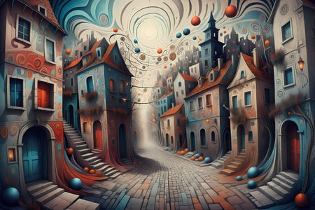 Fantasy fairy tale town with old houses. Digital painting illustration.の写真素材