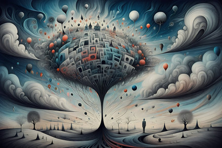 Fantasy landscape with a tree in the form of a sphere.
