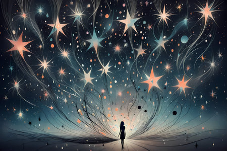 Young woman looking at night sky with stars and space. 3D rendering