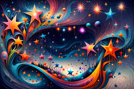 Abstract background with stars and bokeh lights. Vector illustration.
