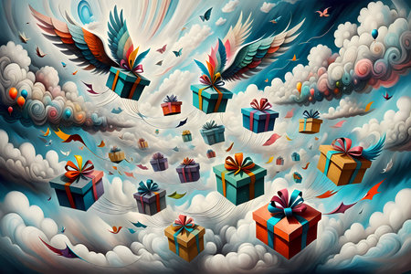 Gift boxes with wings flying in the sky. 3d illustrationの写真素材