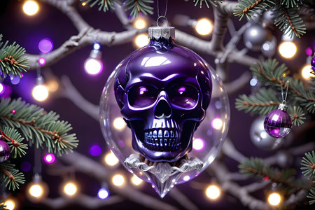Christmas and New Year holidays background with a skull in a glass ball on a Christmas treeの写真素材