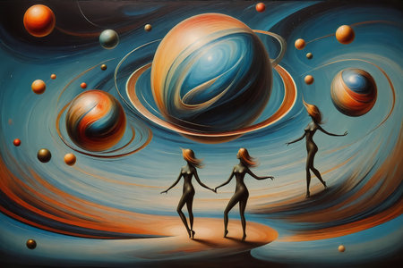 3D Illustration of planets and stars in space with a female figure