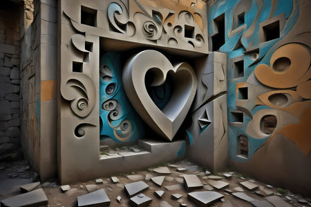 3D illustration of an abstract background with a heart in the middleの写真素材