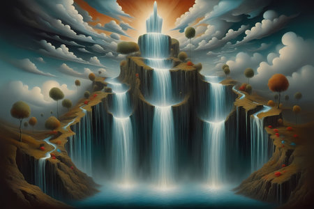 Fantasy landscape with waterfall in the forest. 3D illustration.の写真素材