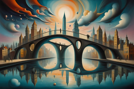 Fantasy Landscape with Skyscrapers, Bridge and Riverの写真素材